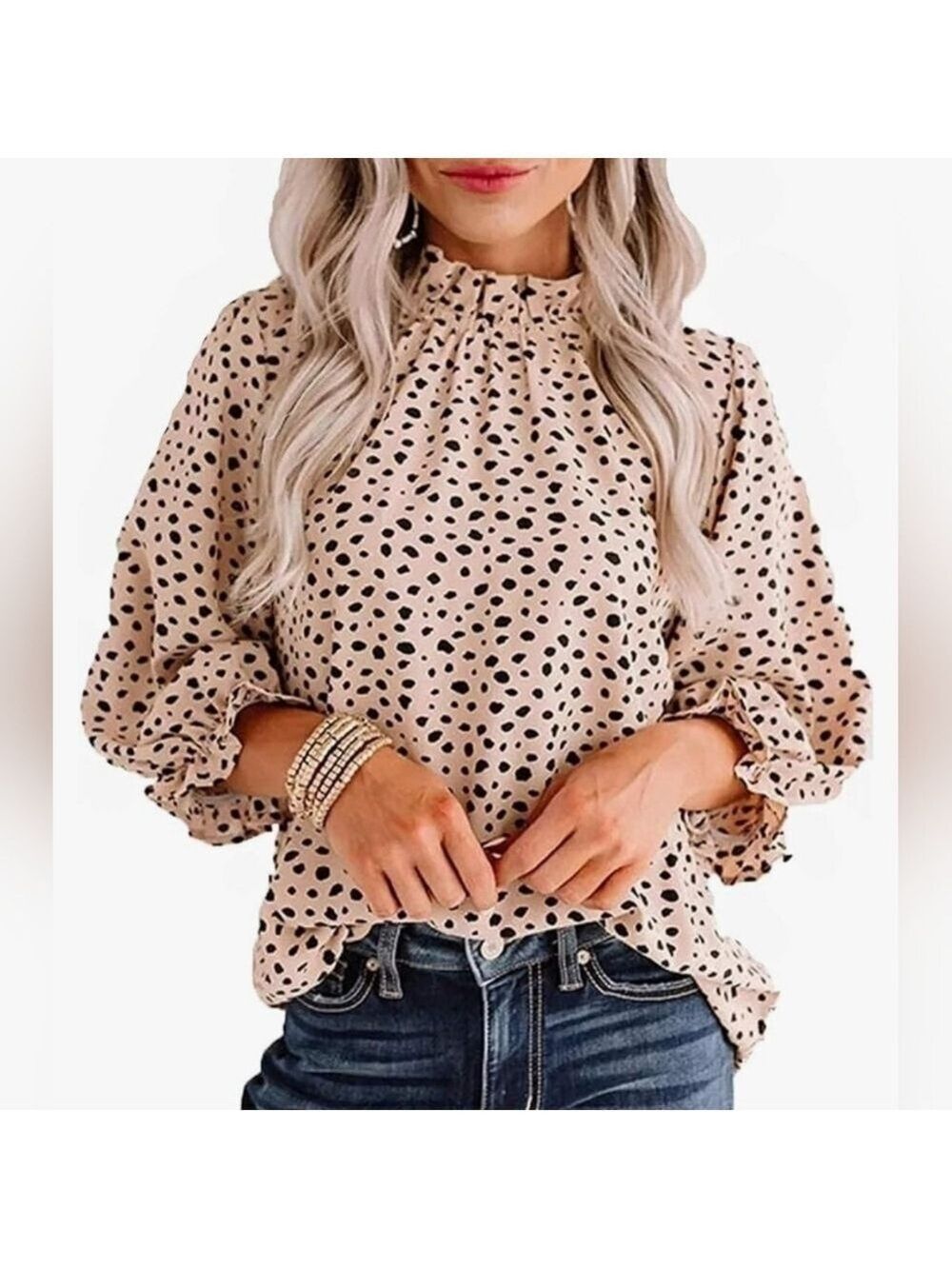Ananova Small Beige Black Print Ruffle Neck Long Sleeve Blouse New With Tag